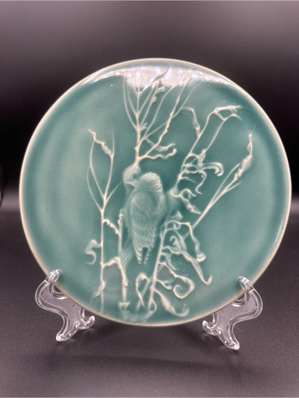 Edgecomb Potters Maine Downy Woodpecker Trivet Plate Celadon Green